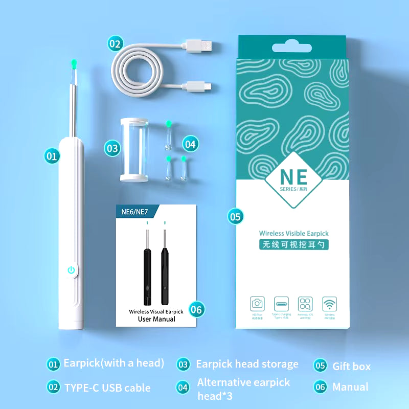 Smart Visual Ear Cleaner with Camera 1296P Ear Sticks USB C Charging Ear Wax Removal Tool WIFI Connection 6 LED Lights Earpick