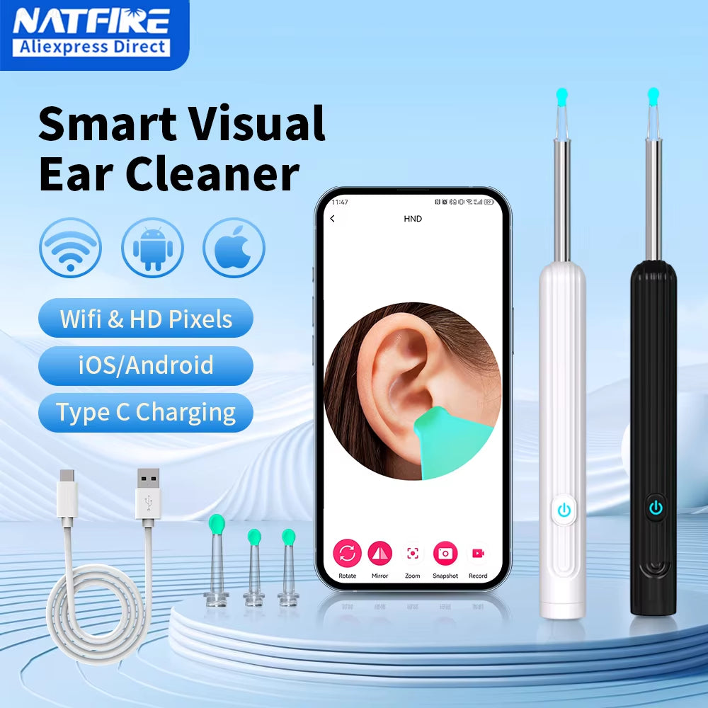 Smart Visual Ear Cleaner with Camera 1296P Ear Sticks USB C Charging Ear Wax Removal Tool WIFI Connection 6 LED Lights Earpick