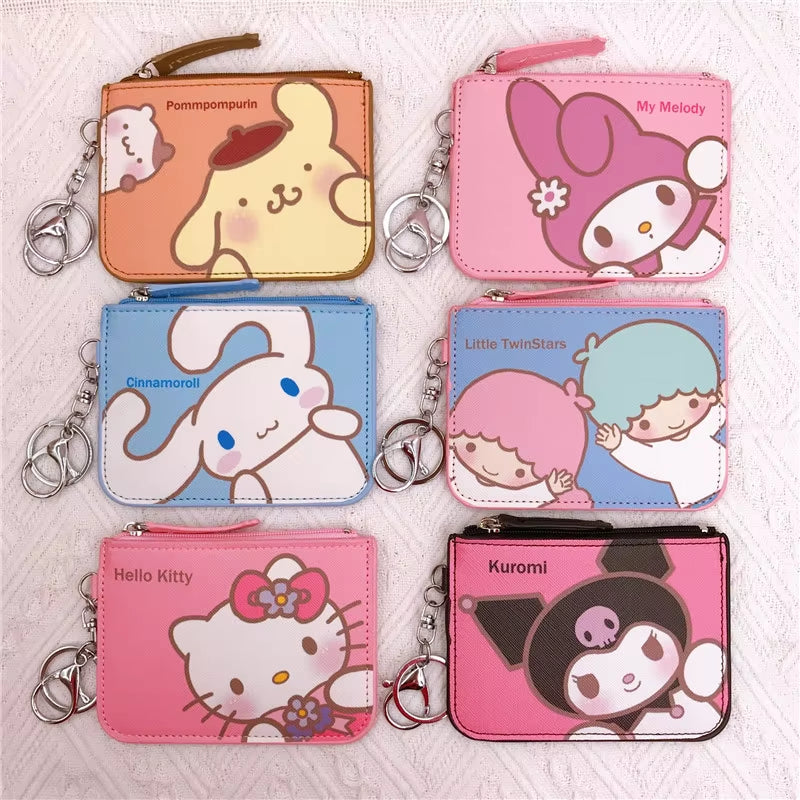 Kawaii Sanrio Cartoon Bag Hello Kittty Cinnamoroll Melody Pachacco Kuromi Leather Card Holder Cute Coin Purse Keychain Pendant