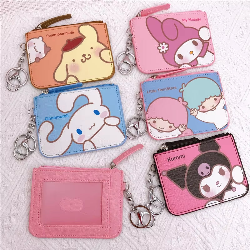 Kawaii Sanrio Cartoon Bag Hello Kittty Cinnamoroll Melody Pachacco Kuromi Leather Card Holder Cute Coin Purse Keychain Pendant